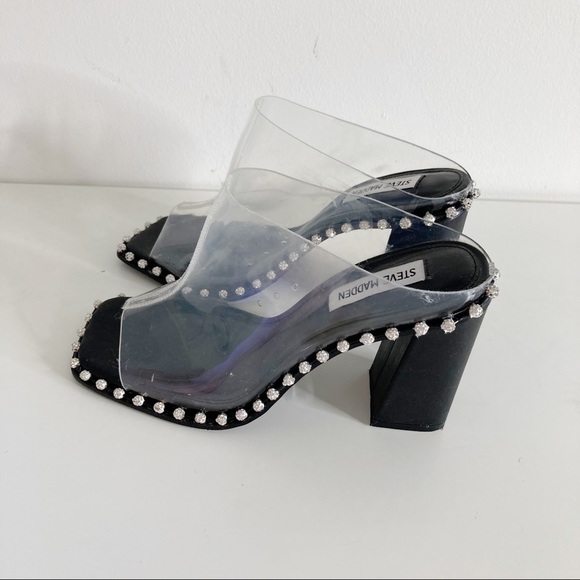 Steve Madden Neila Rhinestone Detail Clear Block Heel Dress Mules - Picture 7 of 13